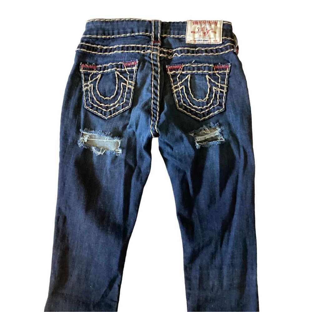 True Religion Distressed Super Skinny Jeans Dark Wash Reworked Sz 23 Denim Sexy